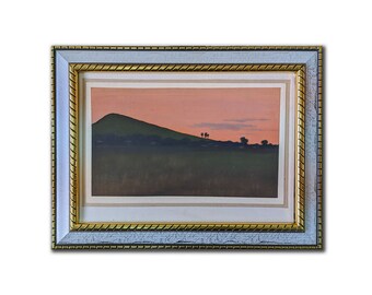 SUNSET LANDSCAPE Vintage framed original small artwork by a Soviet Ukraine artist I.Tsyupka, 1970s, Evening, Mountain landscape, Nature art
