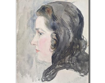VINTAGE FEMALE PORTRAIT Vintage original watercolor on paper by Unknown Ukrainian artist Girl 1970 Classic Portrait Retro Decor