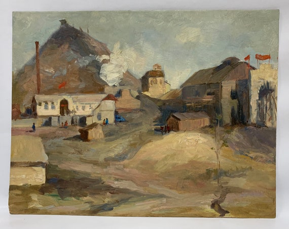 1960s Port art Cranes INDUSTRIAL LANDSCAPE Vintage Original Oil Painting by Soviet Ukrainian artist V.Migulko Socialist Realism artwork