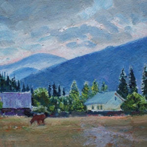 MOUNTAINS RURAL LANDSCAPE Vintage Impressionist Original Oil Painting by Ukrainian artist A.Belsky, House in the mountains, One of a kind