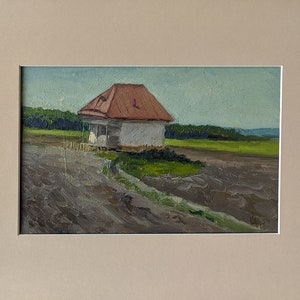 MALARSTWO WIERSKIE Oryginalny obraz olejny „Stary sklep we wsi Pogrzeby” autorstwa Tsyupki I., 1954, Lato, Łąki, Pola, Krajobraz wiejski
