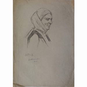 VINTAGE FEMALE PORTRAIT Vintage original pencil drawing on paper by Ukrainian artist O.Maksymenko, Woman in a scarf, 1962 Collectible Art