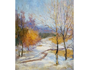 WINTER FOREST LANDSCAPE Vintage Original Oil Painting by Ukraine artist V.Gnatyuk, Snow scene, Forest in Winter