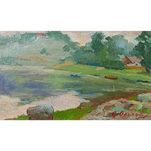 May include: An impressionistic landscape painting depicts a serene waterside scene. The artwork features a body of water, lush green trees, and a small house with a red roof. The colour palette includes blues, greens, and earth tones, creating a tranquil atmosphere.