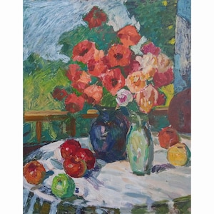 FLORES, NATUREZA MORTA, Pintura a óleo original vintage do artista ucraniano soviético O. Solodovnikov, década de 1980, Papoulas e maçãs, Arte floral para parede