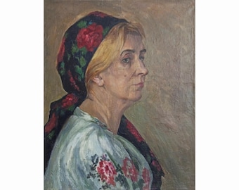 PORTRAIT of a WOMAN Original oil painting on canvas by Ukrainian artist E.Vasilevskaya, 1990s, Female portrait, Wall art work, One of a kind