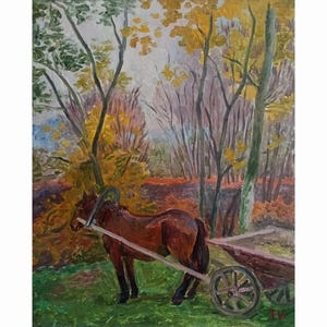 WINTAGE OBRAZ OLEJNY Oryginalny obraz olejny radzieckiego ukraińskiego artysty T. Krasnaya, Jesień w Sidnevo 1982 krajobraz Widok natury Styl klasyczny