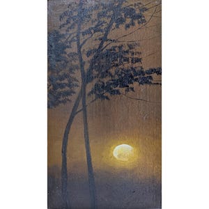 PAISAGEM NOTURNA Pequena pintura a óleo original de um artista ucraniano S.Allahverdyan, década de 1990, Paisagem lunar, Árvores, Natureza, Obra de arte única