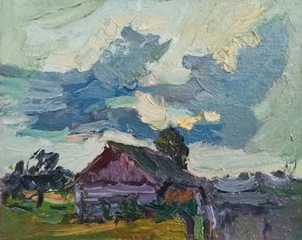 RURAL LANDSCAPE Vintage Impressionist Original Oil Painting by Ukrainian artist A.Zorko, Village landscape, One of a kind