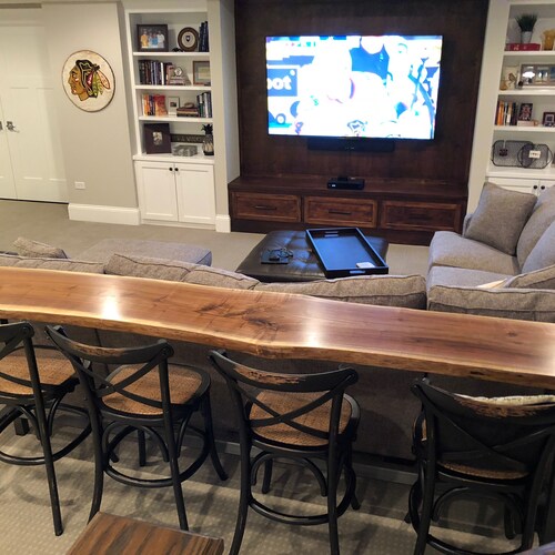 Live Edge Black Walnut Sofa Bar Table 7ft Restaurant Live Edge Black Walnut Sofa Bar Table, Pub Table Behind Sofa
