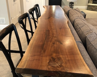 Bar Table - Live Edge, Black Walnut Wood Slab w/Commercial Grade Satin Finish; Industrial Style Steel Legs - Handcrafted in the USA