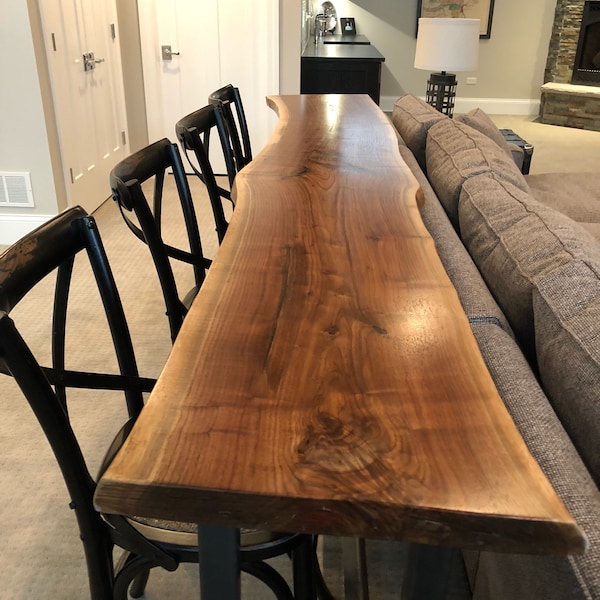 Bar Table - Live Edge, Black Walnut Wood Slab w/Commercial Grade Satin Finish; Industrial Style Steel Legs - Handcrafted in the USA