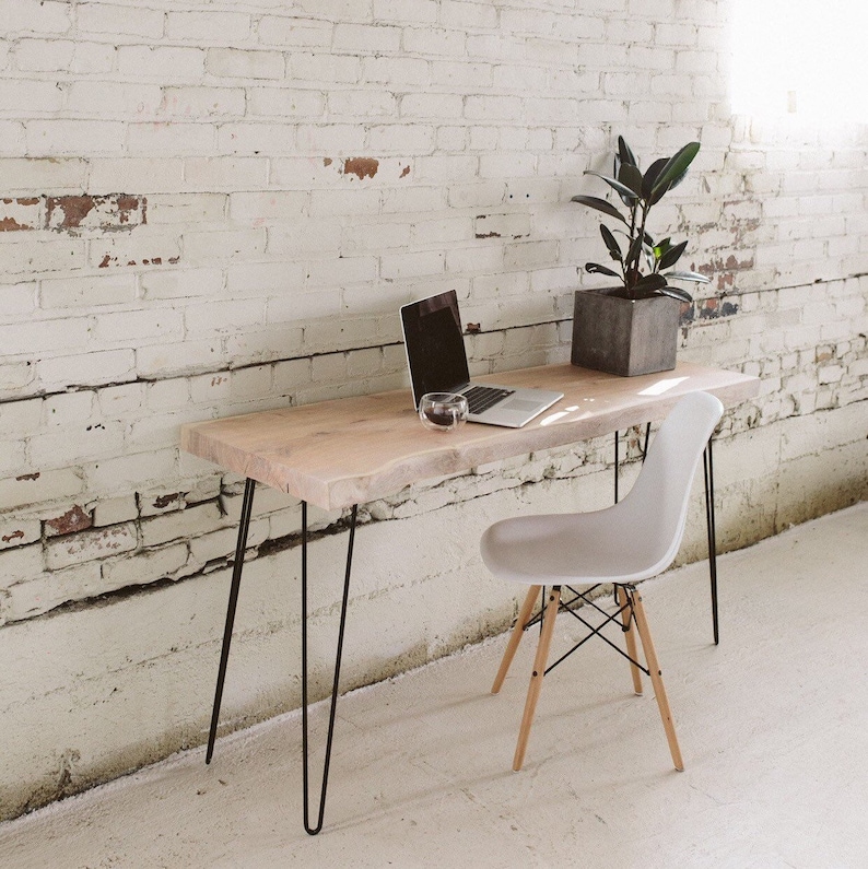 Live Edge Desk Scandinavian Style White Washed Console Table With Industrial Hairpin Legs Live Edge Ash Slab Home Office Table
