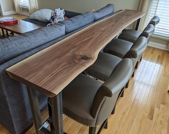 Custom-Made, Handcrafted Sofa Table - Live Edge, Black Walnut Wood Slab w/Commercial Grade Finish; Industrial Style Steel Legs - Made in USA