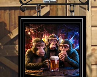 See no Evil, Hear no Evil, Speak no Evil Personalised Swinging Custom made Hanging Pub and Bar Sign Various sizes