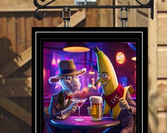 The Lamb & Banana Personalised Swinging Custom made Hanging Pub and Bar Sign Various sizes
