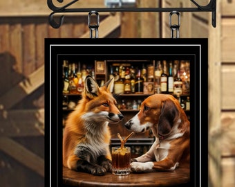 The Fox and Hound Personalised Swinging Custom made Hanging Pub and Bar Sign Various sizes