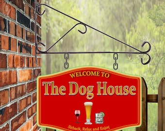 Personalised Barrel shaped Pub Shed Hanging Swing Sign with Bracket | Garden Pub | Home Bar | Family Name Sign |