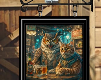 The Owl & PussyCat Personalised Swinging Custom made Hanging Pub and Bar Sign Various sizes