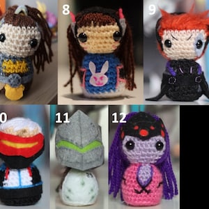 May include: Six crocheted plush toys inspired by Overwatch characters. The characters include Tracer, D.Va, Reaper, Soldier: 76, Genji, and Widowmaker. Each toy is approximately 3 inches tall and features detailed features and colors.
