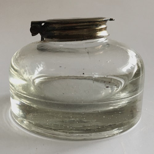 English Antique Dome Shaped Glass Inkwell with Brass shops Fixtures
