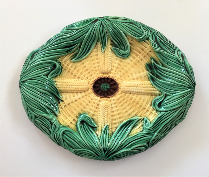 Antique Majolica Corn on the Cob Decorated Bread Platter Antique Majolica Corn on the Cob Decorated Bread Platter