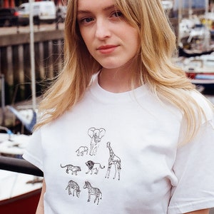 safari animal Embroidered white organic t-shirt unisex tee animal embroidered t-shirt gift ideas cute animal t-shirt image 1