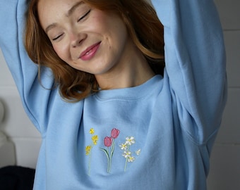 Embroidered Spring Flowers Sweater: Hand-Drawn Floral Jumper