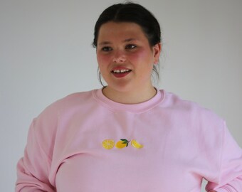 Embroidered Lemon Sweater: Zesty Trio, Hand-Drawn Style