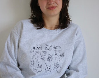Cat doodle embroidered sweater with heart cat sleeve detail , unisex  - cat embroidered sweater - gift ideas - cute cat jumper