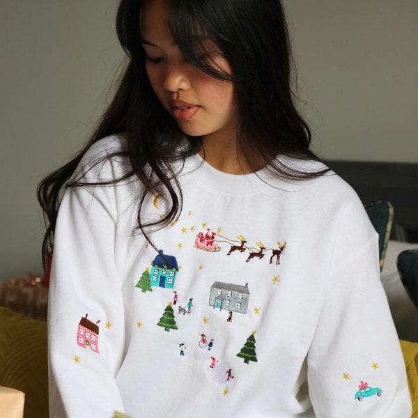 Embroidered Christmas Village Sweater: Holiday Crewneck Jumper