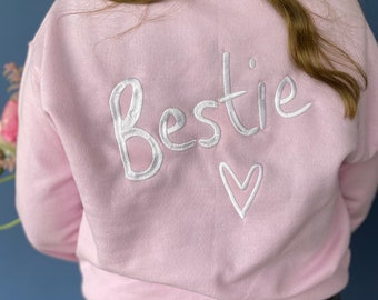 Bestie sweater with sleeve detail- Bride Sweatshirt, Bride Sweater, Bride Embroidered Sweat, Bridal Gift, Team Bride, bestie, bff , custom