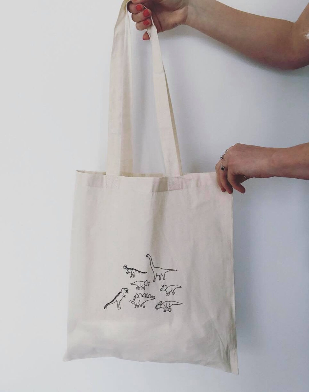 Embroidered Dinosaur Natural Tote Bag - Etsy
