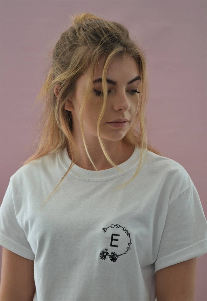Personalised Initial Embroidered White Organic Tshirt Etsy