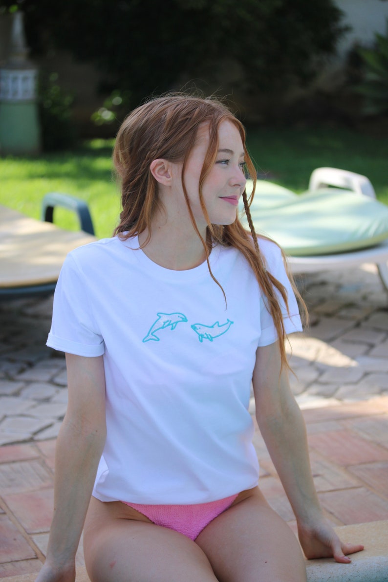 Holographic Dolphin embroidered T-shirt dolphin t-shirt, embroidered dolphin tee , dolphins image 2