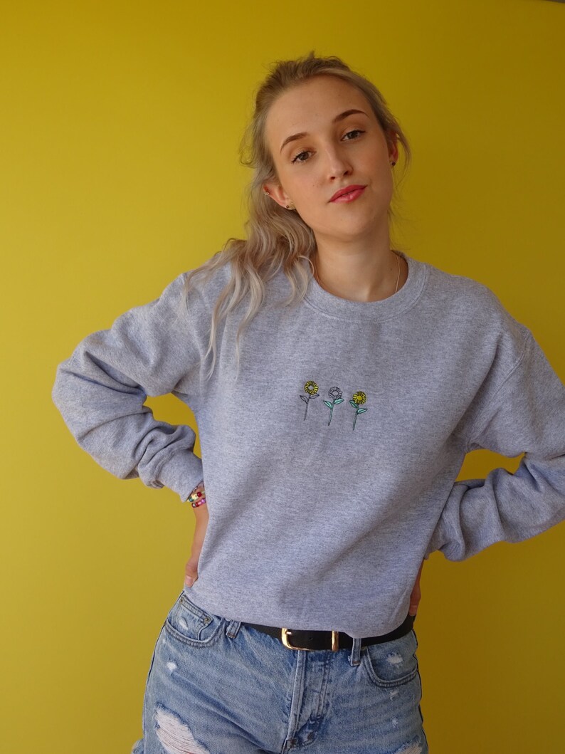 Embroidered Sunflower Sweater Embroidered Florals Flower Etsy