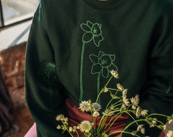 Embroidered big daffodil with sunflower and rose sweater