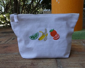 Embroidered Juicy fruits large pouch , travel pouch, holiday bag, make up bag