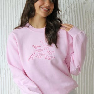 May include: A pink sweatshirt with a crew neck and long sleeves features an embroidered design of various dinosaurs in pink thread.