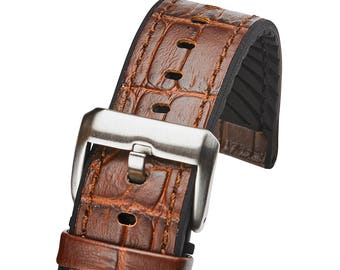 Genuine alligator grain leather with silicone lining watch band - Brown - 20mm, 22mm, 24mm