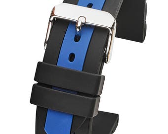 Silicone sporty thick watch band - Blue/ Black - 20mm, 22mm, 24mm