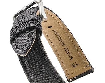Alpine Cordura Fabric with Water Resistant Leather Lining Watch Strap with Quick Release Spring Bars - Black- 14, 16, 18, 20, 22 mm