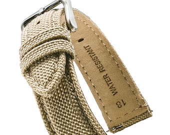 Alpine Cordura Fabric with Water Resistant Leather Lining Watch Strap with Quick Release Spring Bars - Khakhi- 14, 16, 18, 20, 22 mm