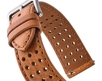 Soft and Smooth Genuine Perforated Leather Watch Band - Tan - 18 mm, 20 mm, 22 mm, 24mm