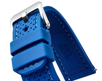 Silicone soft padded watch band with quick release spring bars - Blue - 20mm, 22mm, 24mm (fits wrist sizes 6 1/4 to 8 inch)