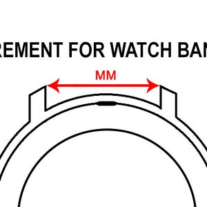 May include: A diagram showing how to measure the width of a watch band in millimeters (mm).