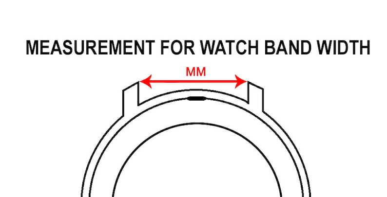 May include: A diagram showing how to measure the width of a watch band in millimeters (mm).