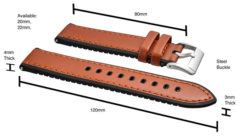 May include: A brown leather watch strap with black stitching and a black rubber lining. The strap is 120mm long and 80mm wide. It has a steel buckle and is available in 20mm and 22mm widths.