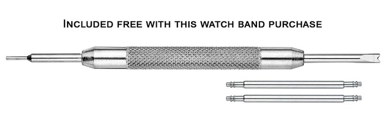 May include: A silver watch band tool with a textured handle and two silver spring bars. INCLUDED FREE WITH THIS WATCH BAND PURCHASE.