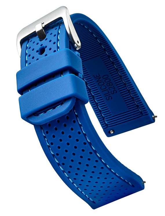 Silicone soft padded watch band with quick release spring bars - Blue - 20mm, 22mm, 24mm (fits wrist sizes 6 1/4 to 8 inch)
